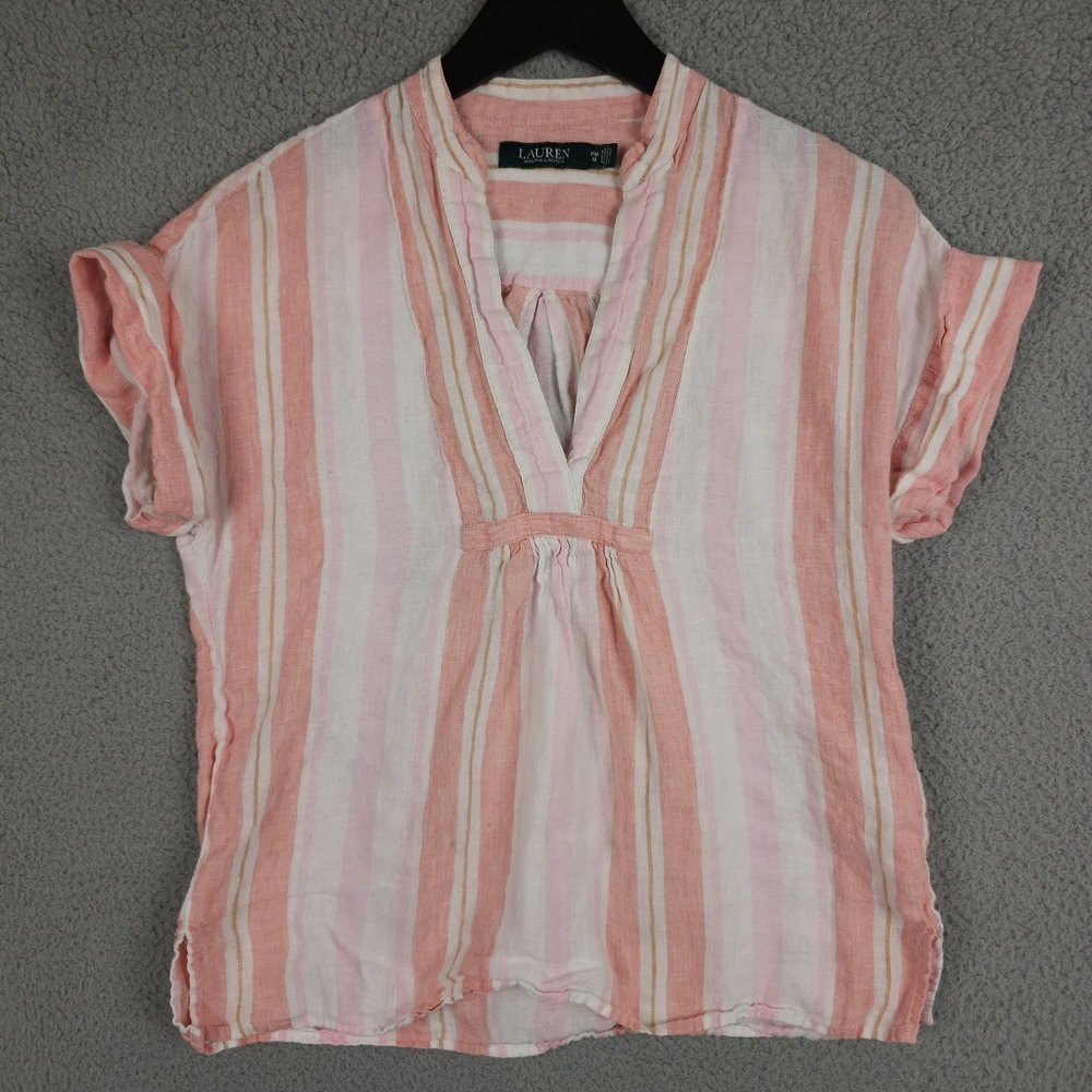 Lauren Ralph Lauren Shirt Womens PM Pink Striped Linen Split Neck Roll Cuff Top